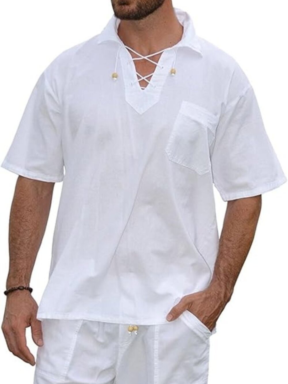 Mens White Lace Up Beach Shirt Casual Hippie Henley Tee Tunic Shirt Short Sleeve